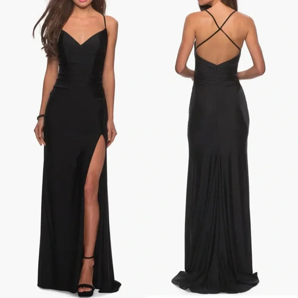 LA FEMME Cross Back Satin Jersey Trumpet Gown 28206 Black Size 6 NWT - Picture 1 of 11